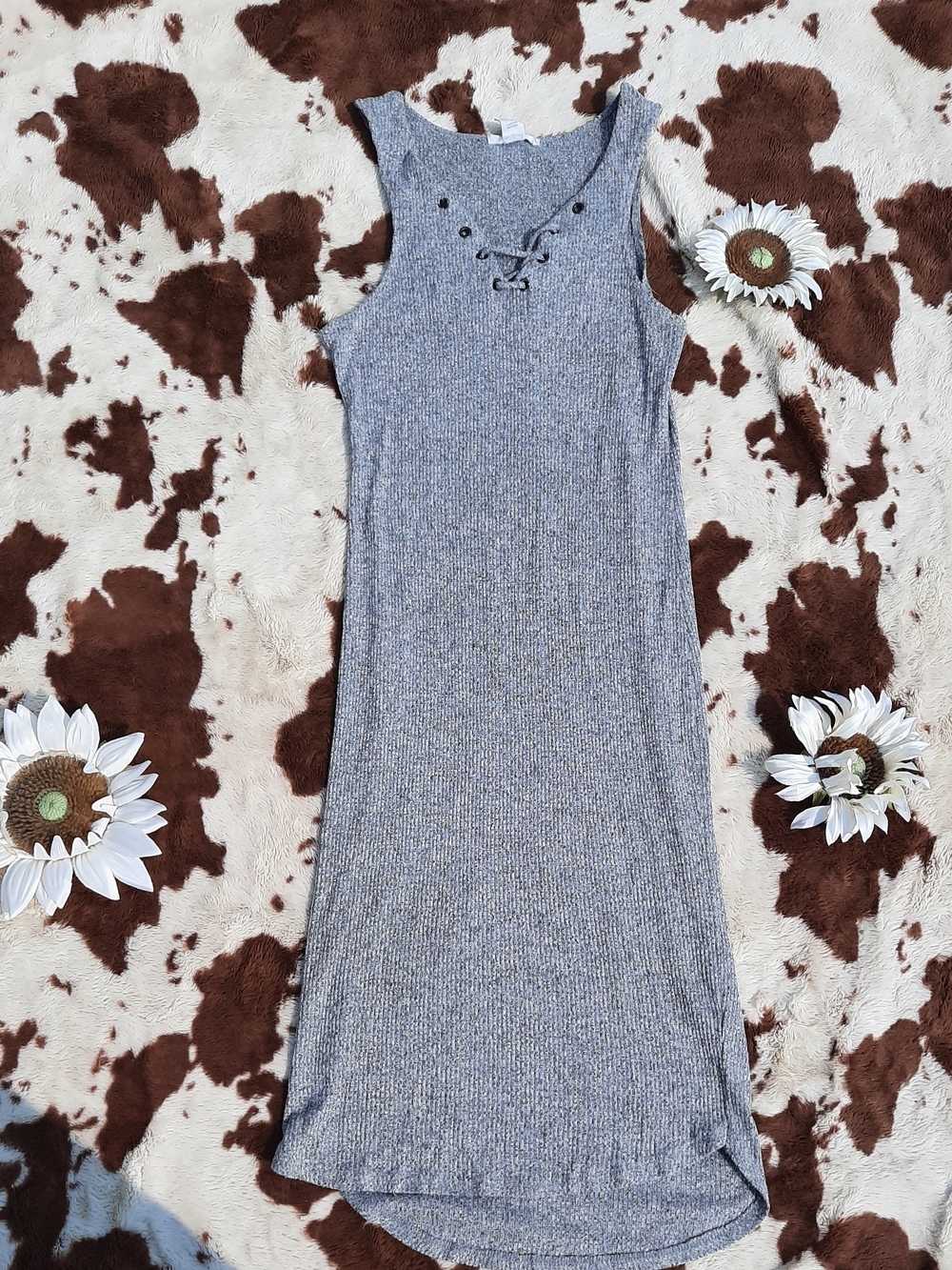 Streetwear Society Gray Ribbed Maxi Dress with Lace-Up Neck